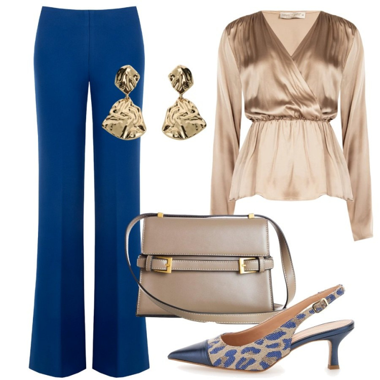 Outfit donna - Una giornata speciale. Stile Chic per Cerimonia. Abbinamento con borse a tracolla, orecchini, bluse, pantaloni a palazzo, décolleté.