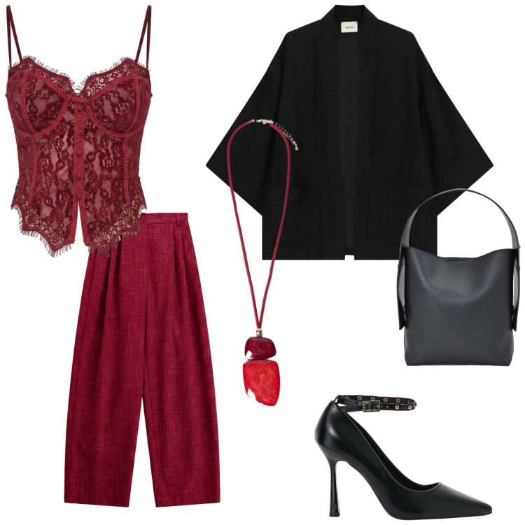 Outfit donna - Rubino brillante. Stile Chic per Serata fuori. Abbinamento con pantaloni a palazzo, décolleté, blazer, top, borse a spalla, ciondoli.