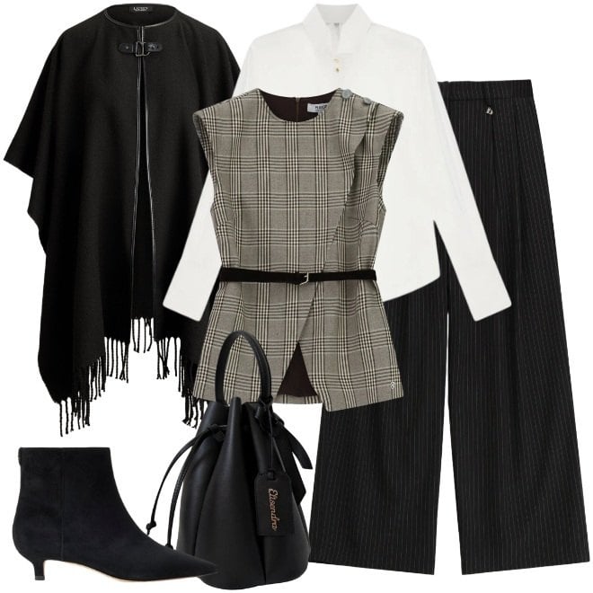 Outfit donna - Stratificazioni per l\'ufficio. Stile Urban per Tutti i giorni. Abbinamento con camicie, pantaloni a palazzo, gilet, borse a secchiello, stivaletti, cappe.
