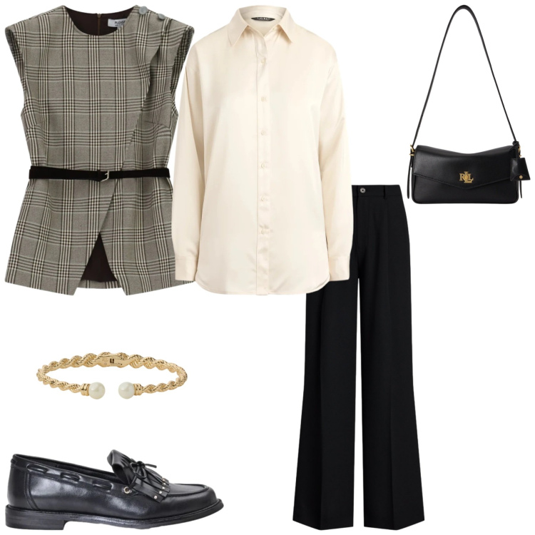 Outfit donna - Asfalto e gilet. Stile Urban per Tutti i giorni. Abbinamento con mocassini, gilet, pantaloni, borse a spalla, braccialetti, camicie.