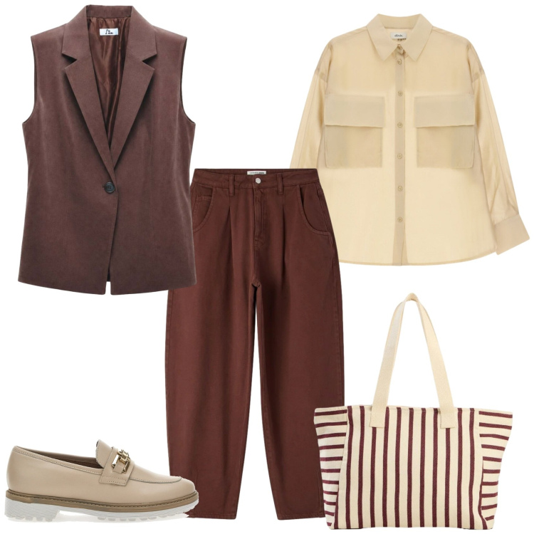 Outfit donna - Total look #2468016. Stile Urban per Ufficio. Abbinamento con shopping bag, camicie, pantaloni, gilet, mocassini.
