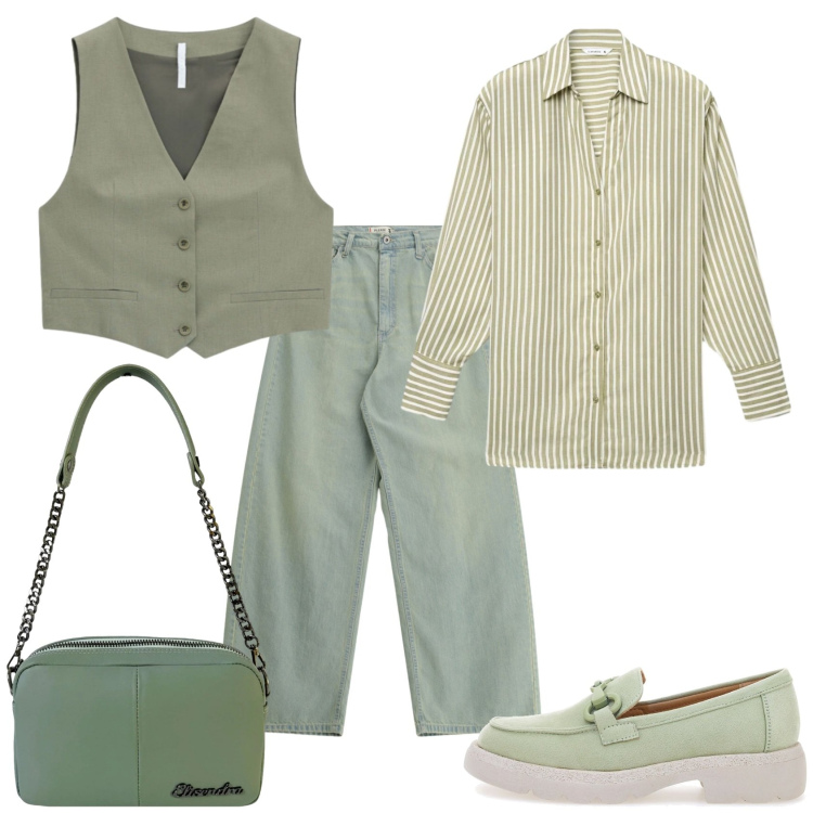 Outfit donna - Total look #2468021. Stile Urban per Tutti i giorni. Abbinamento con gilet, camicie, jeans, borse a tracolla, mocassini.