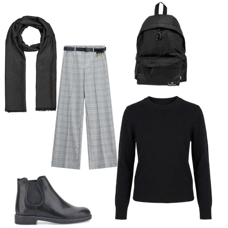 Outfit donna - Primi freddi. Stile Basic per Tutti i giorni. Abbinamento con pantaloni a palazzo, maglieria, foulard, zaini, stivaletti chelsea.