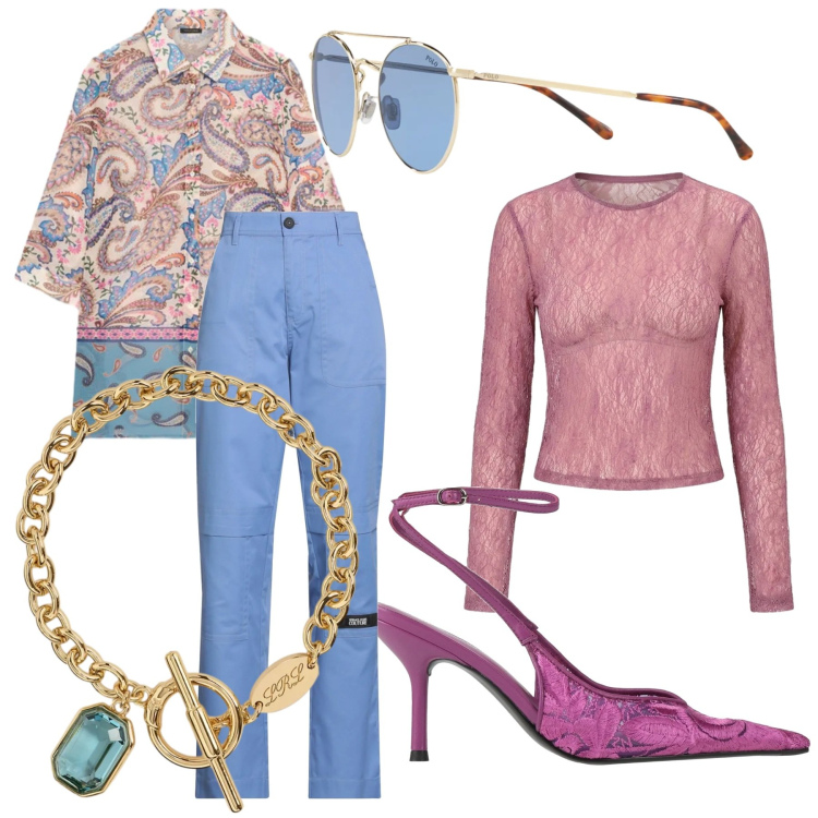 Outfit donna - Colore soft. Stile Casual chic per Serata fuori. Abbinamento con camicie, braccialetti, occhiali da sole, top, pantaloni cargo, décolleté.