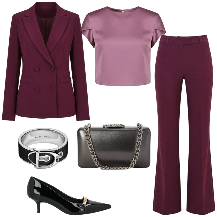 Outfit donna - Serata - Evento. Stile Chic per Serata fuori. Abbinamento con décolleté, pantaloni, t-shirt, blazer, anelli, clutch.