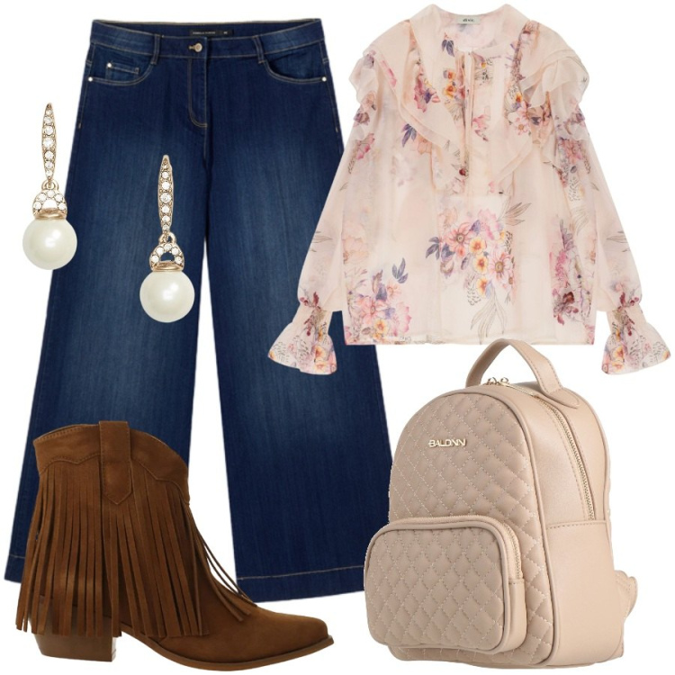 Outfit donna - Fiori e frange. Stile Sporty chic per Ufficio. Abbinamento con zaini, stivaletti texani, bluse, jeans, orecchini.