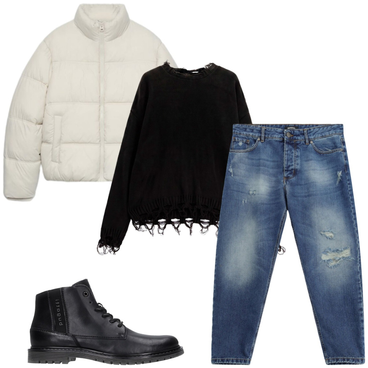 Outfit uomo - Total look #2468031. Stile Urban per Tutti i giorni. Abbinamento con jeans strappati, maglieria, piumini, stivali e stivaletti.