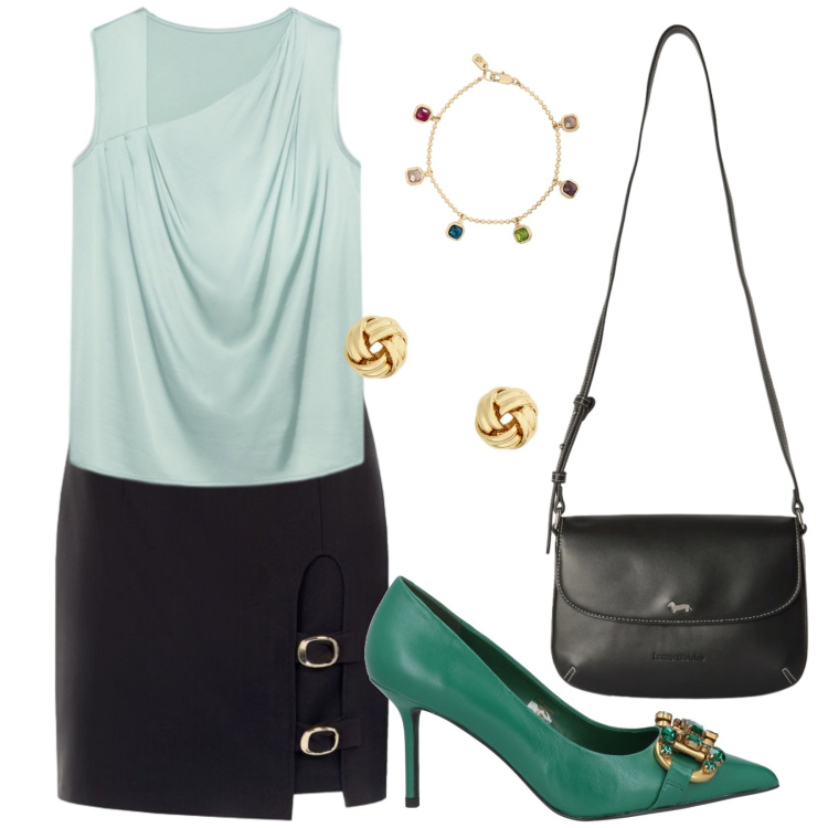 Outfit donna - Aperitivo di settembre. Abbinamento con borse a tracolla, bluse, orecchini, braccialetti, minigonne, décolleté.