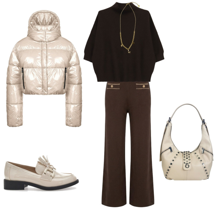 Outfit donna - Mite inverno. Stile Urban per Tutti i giorni. Abbinamento con borse a spalla, ciondoli, pullovers, piumini, pantaloni, mocassini.