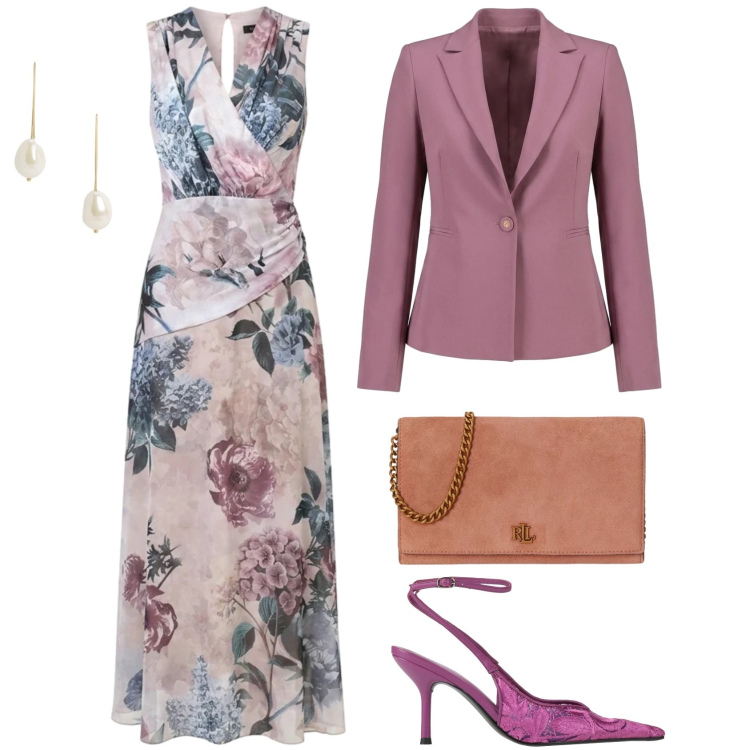 Outfit donna - Cerimonia a settembre. Stile Chic per Cerimonia. Abbinamento con décolleté, vestiti lunghi, blazer, orecchini, borse a tracolla.