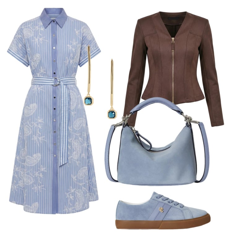Outfit donna - Total look #2468042. Stile Casual chic per Scuola/Università. Abbinamento con vestiti chemisier, blazer, sneakers, borse a spalla, orecchini.