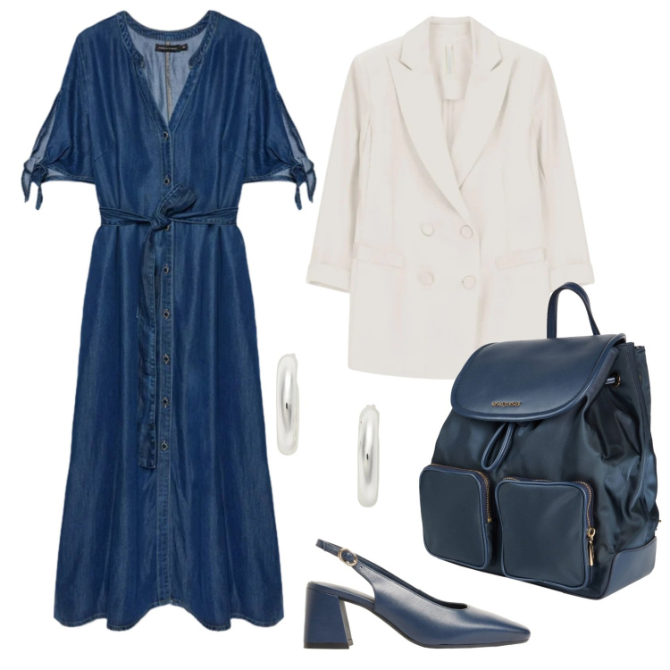 Outfit donna - Total look #2468049. Stile Casual chic per Ufficio. Abbinamento con zaini, décolleté, blazer, vestiti chemisier, orecchini.