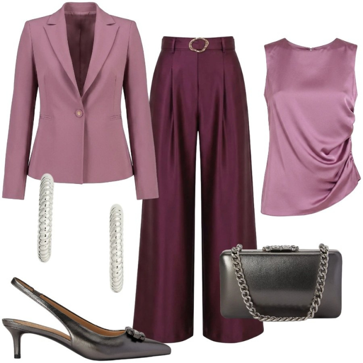 Outfit donna - Total look #2468053. Stile Chic per Cerimonia. Abbinamento con canottiere, blazer, pantaloni a palazzo, orecchini, décolleté, clutch.
