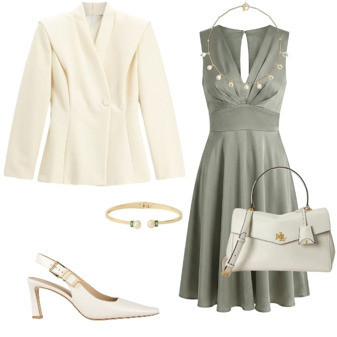 Outfit donna - Elegante & Raffinata. Stile Glamour per Cerimonia. Abbinamento con décolleté, blazer, vestiti senza maniche, borse a mano, collane, braccialetti.