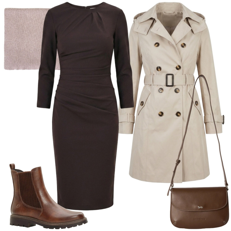 Outfit donna - Eleganza per il rientro - Curvy. Stile Casual chic per Tutti i giorni. Abbinamento con stivaletti, borse a tracolla, sciarpe, vestiti midi/longuette, trench.