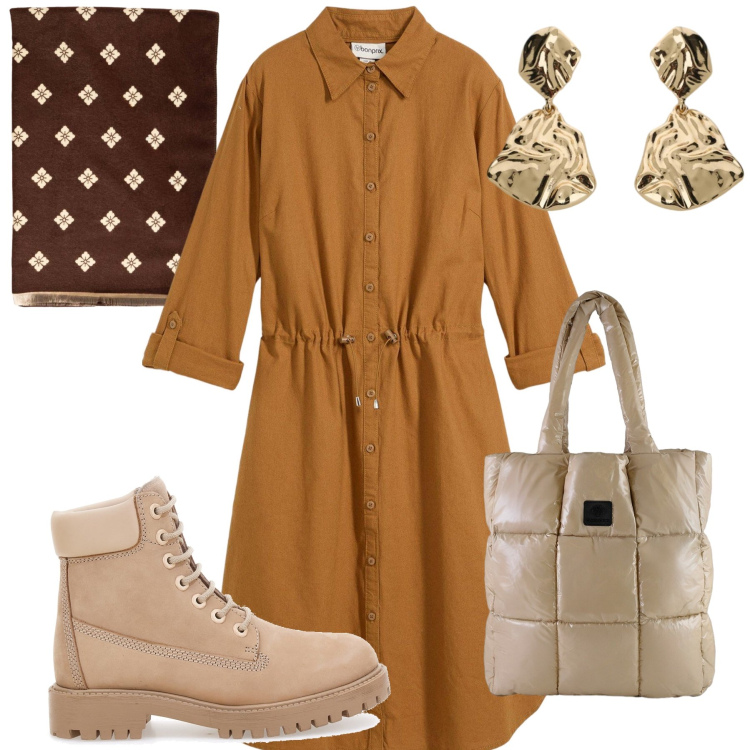 Outfit donna - Total look #2468060. Stile Casual chic per Tutti i giorni. Abbinamento con vestiti chemisier, orecchini, shopping bag, sciarpe, stivaletti.