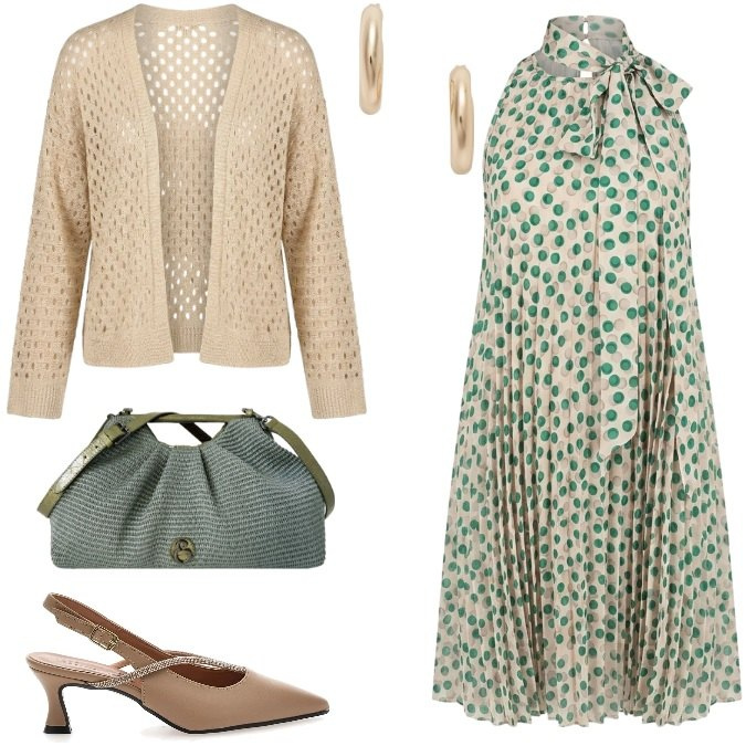 Outfit donna - Aperitivo a Settembre. Stile Chic per Cerimonia. Abbinamento con vestiti corti, clutch, cardigans, orecchini, décolleté.