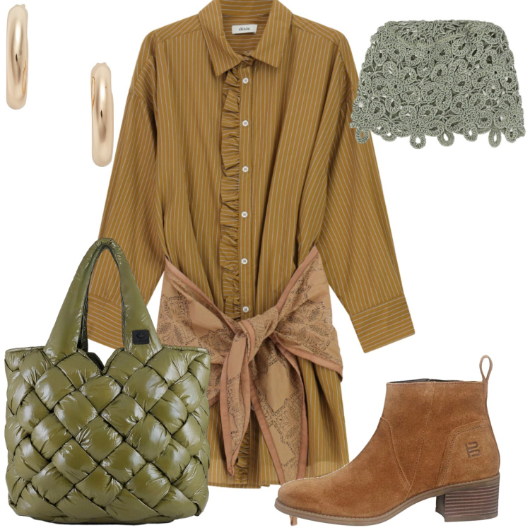 Outfit donna - Total look #2468062. Stile Casual chic per Tutti i giorni. Abbinamento con accessori per capelli, vestiti chemisier, borse tote, orecchini, stivaletti.