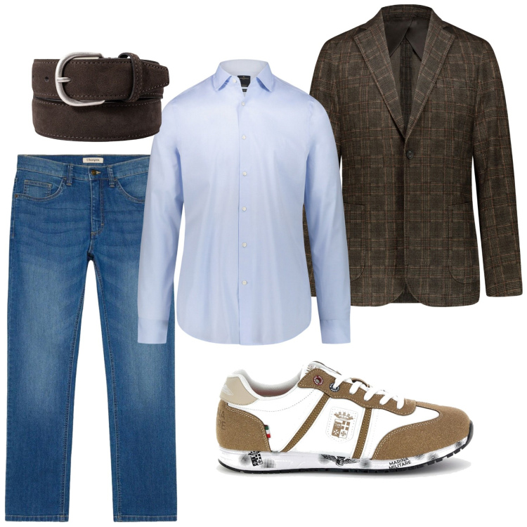 Outfit uomo - Total look #2468067. Stile Trendy per Serata speciale. Abbinamento con jeans dritti, camicie, giacche, cinture, sneakers.