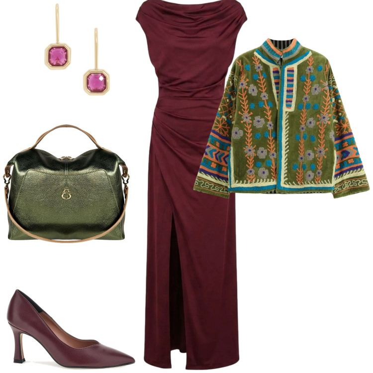 Outfit donna - Bordo e verde in autunno. Stile Casual chic per Serata fuori. Abbinamento con blazer, borse a mano, vestiti, orecchini, décolleté.