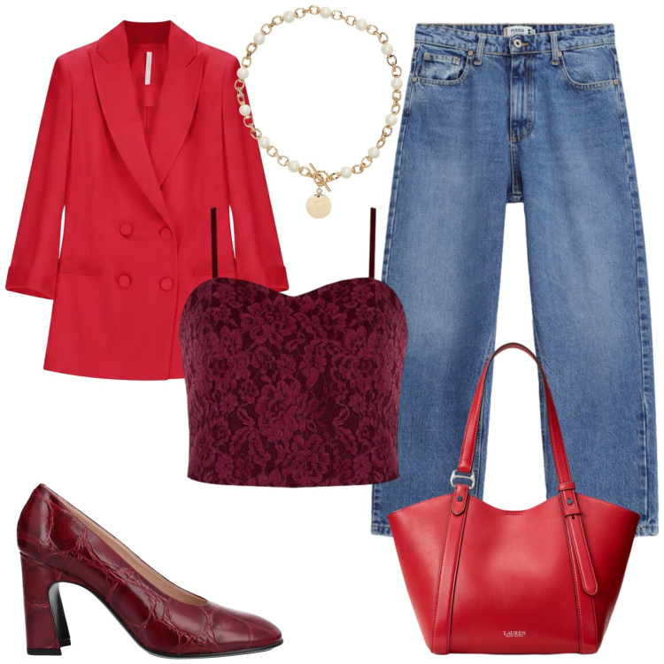 Outfit donna - Total look #2468071. Stile Glamour per Tutti i giorni. Abbinamento con décolleté, blazer, top, jeans dritti, collane, borse tote.
