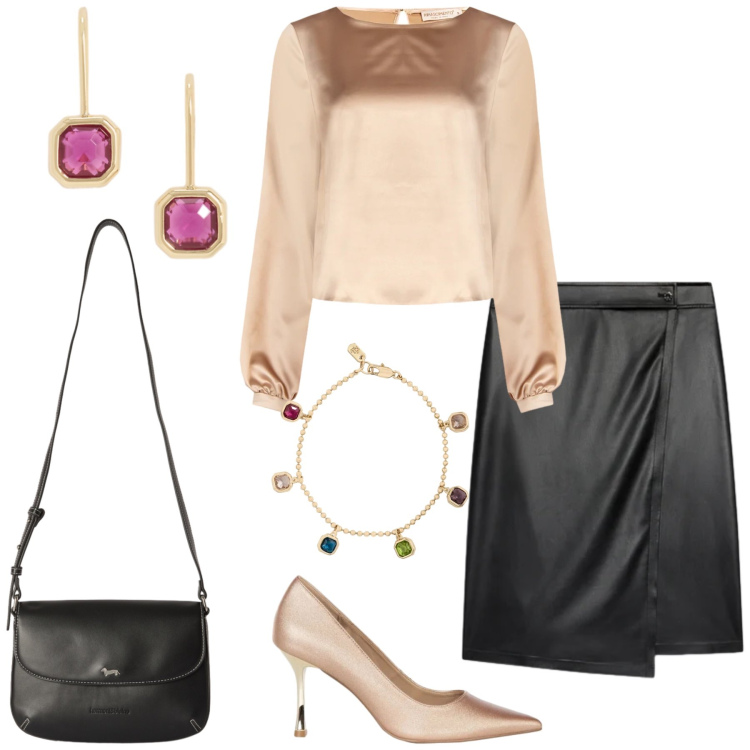 Outfit donna - Total look #2468078. Stile Chic per Serata fuori. Abbinamento con borse a tracolla, bluse, décolleté, gonne longuette, orecchini, braccialetti.