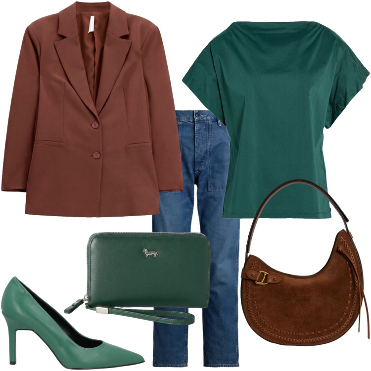 Outfit donna - In ufficio terra e verde. Stile Trendy per Ufficio. Abbinamento con décolleté, top, portafogli, blazer, jeans, borse a spalla.