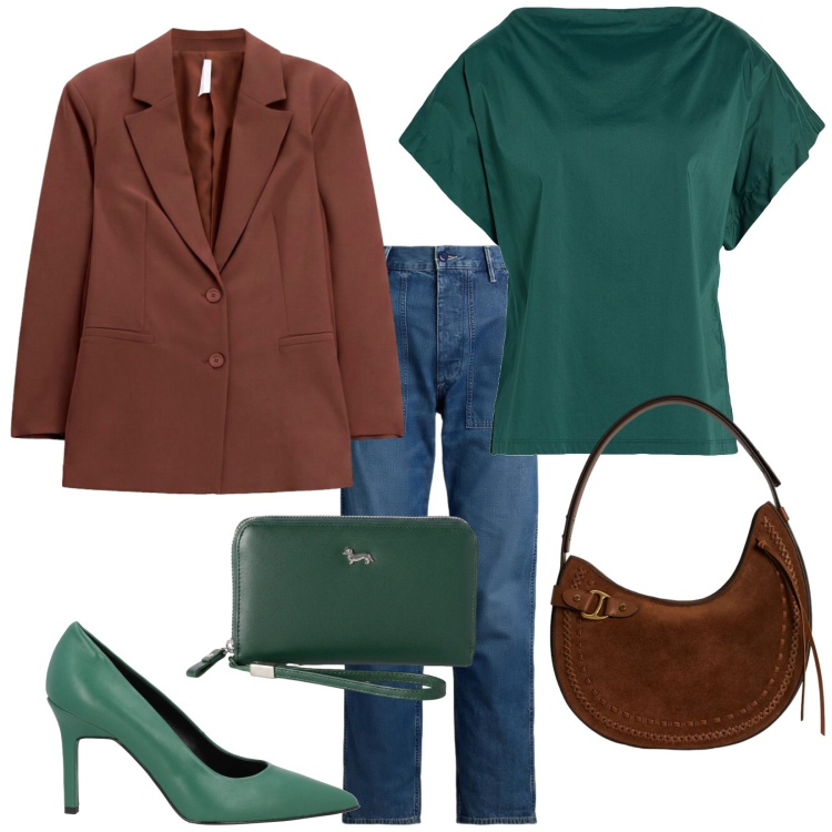 Outfit donna - Ufficio terra e verde. Stile Trendy per Ufficio. Abbinamento con décolleté, top, portafogli, blazer, jeans, borse a spalla.