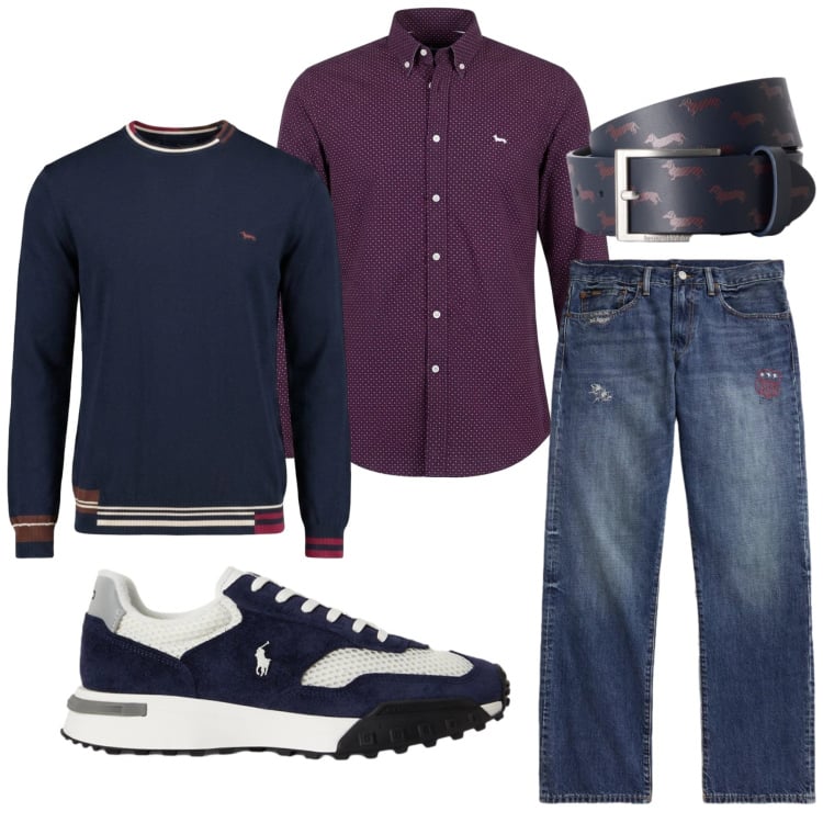 Outfit uomo - Total look #2468085. Stile Urban per Ufficio. Abbinamento con cinture, camicie, maglieria, jeans dritti, sneakers.