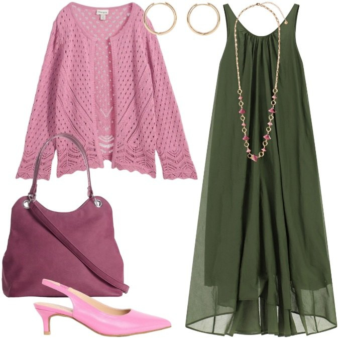 Outfit donna - Pronta per un aperitivo - Settembre. Stile Chic per Cerimonia. Abbinamento con décolleté, cardigans, orecchini, borse a mano, vestiti lunghi, collane.