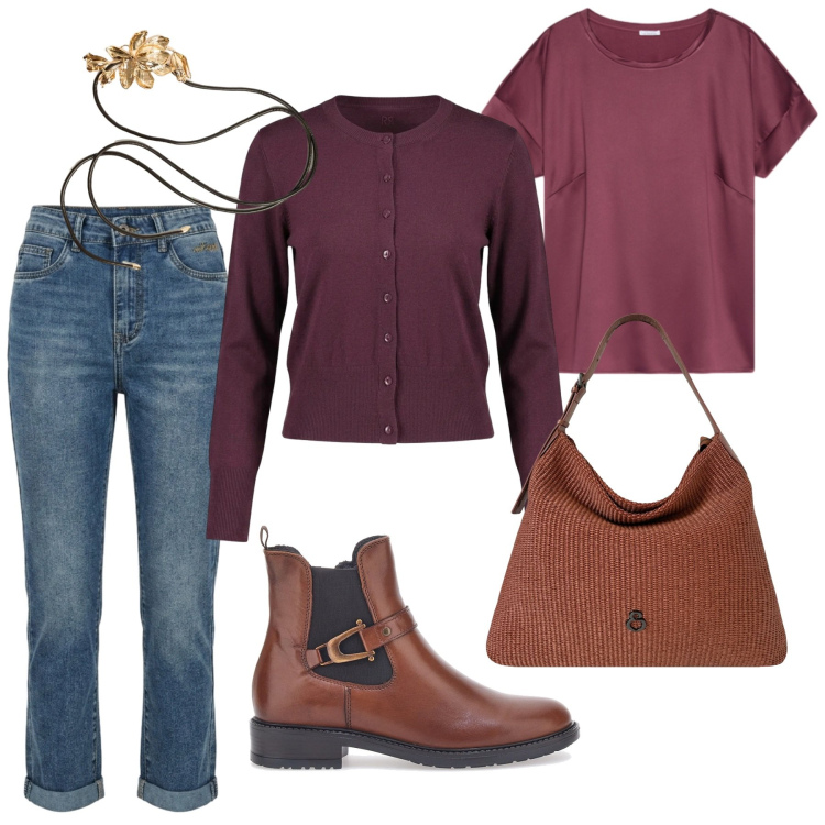 Outfit donna - Total look #2468096. Stile Urban per Ufficio. Abbinamento con cardigans, t-shirt, borse a spalla, cinture, jeans, stivaletti.