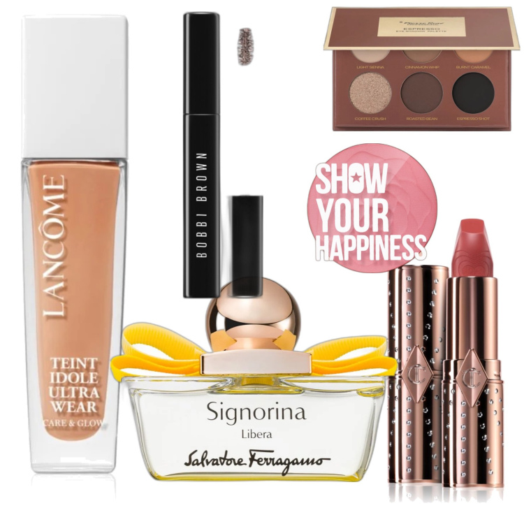 Outfit donna - Essenziale. Abbinamento con fondotinta, profumi, blush, ombretti, mascara, rossetti.