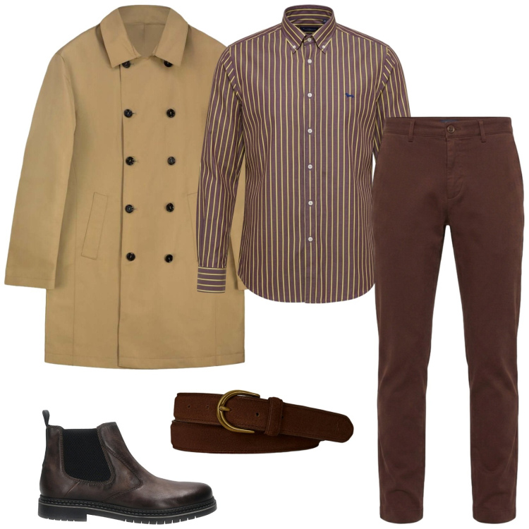 Outfit uomo - Total look #2468104. Stile Business/Elegante per Ufficio. Abbinamento con pantaloni, camicie, trench, cinture, stivali e stivaletti.