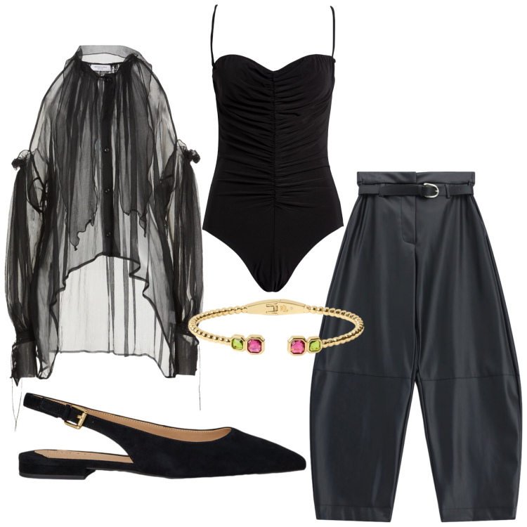 Outfit donna - Total look #2468105. Stile Chic per Serata fuori. Abbinamento con body, camicie, pantaloni, ballerine, braccialetti.