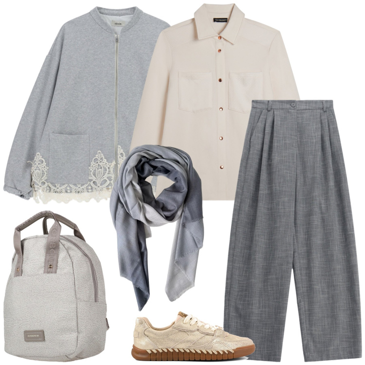 Outfit donna - Total look #2468107. Stile Urban per Tutti i giorni. Abbinamento con zaini, pantaloni a palazzo, felpe, camicie, foulard, sneakers.