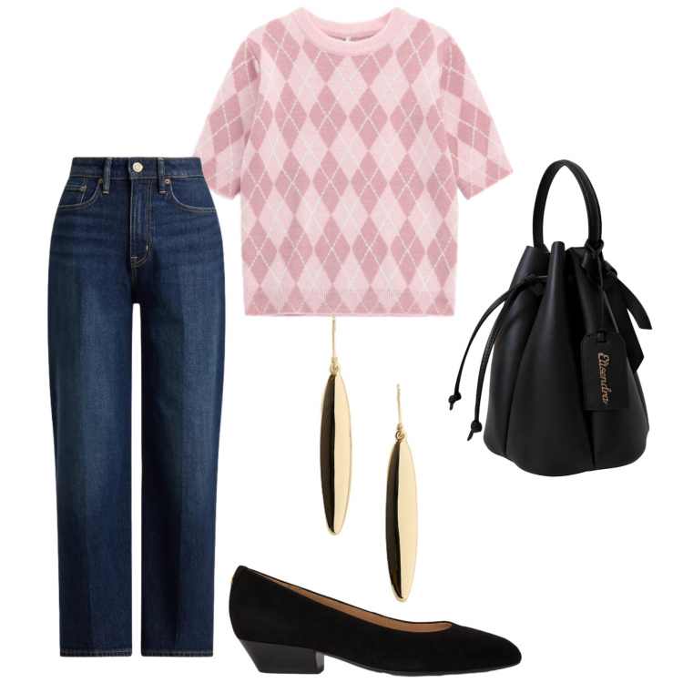 Outfit donna - Total look #2468108. Stile Casual chic per Ufficio. Abbinamento con maglieria, borse a secchiello, ballerine, orecchini, jeans dritti.