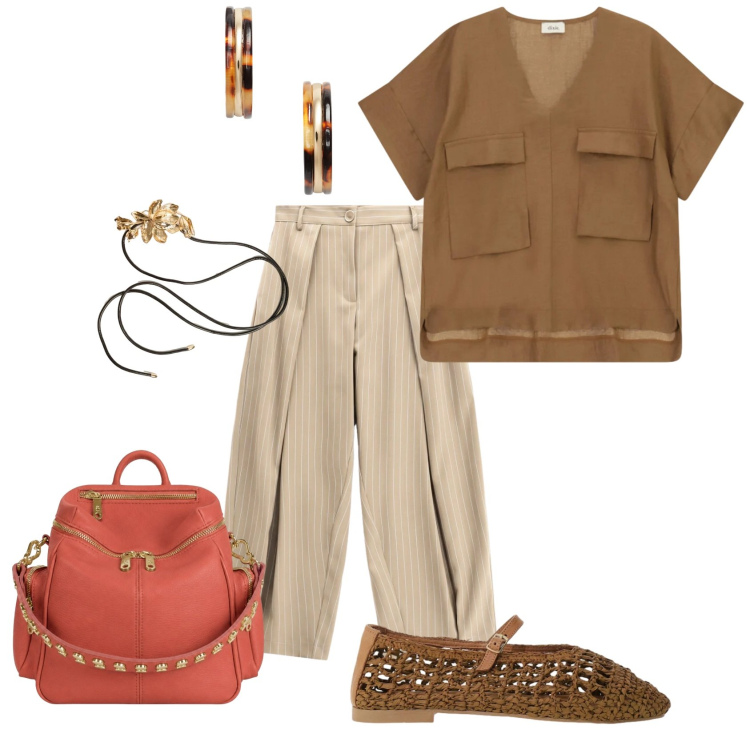 Outfit donna - Ufficio /scuola. Stile Casual per Tutti i giorni. Abbinamento con pantaloni a palazzo, bluse, ballerine, zaini, cinture, orecchini.