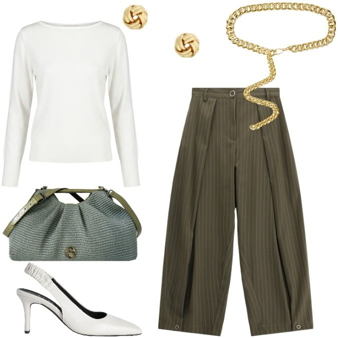Outfit donna - Aperitivi chic di Settembre. Stile Casual chic per Cerimonia. Abbinamento con décolleté, pantaloni a palazzo, maglieria, cinture, clutch, orecchini.
