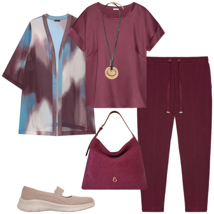 Outfit donna - In città. Stile Casual chic per Tutti i giorni. Abbinamento con t-shirt, ciondoli, pantaloni, kimono, borse a spalla, ballerine.