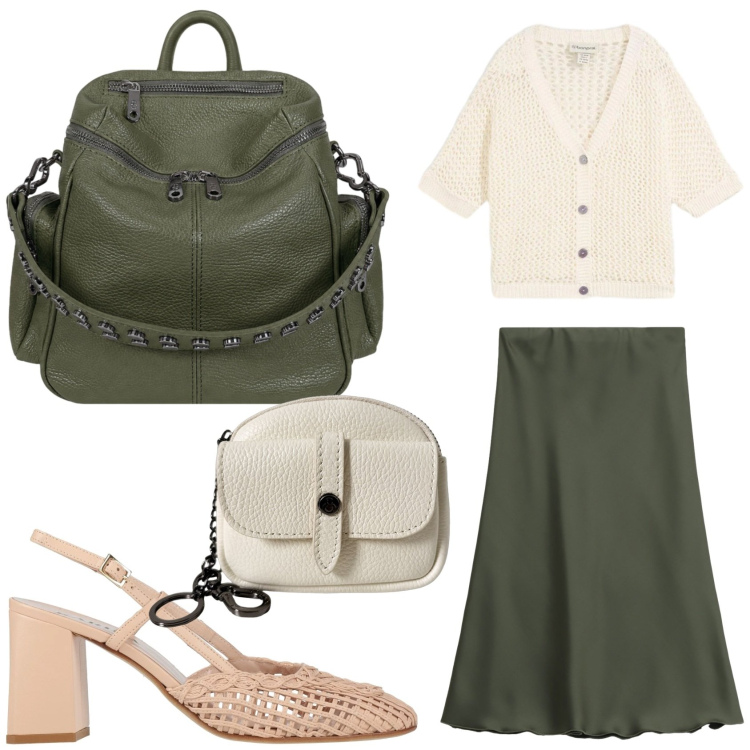 Outfit donna - Crema e verde oliva. Stile Casual chic per Tutti i giorni. Abbinamento con décolleté, cardigans, gonne longuette, portachiavi, zaini.