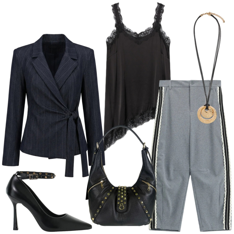 Outfit donna - Total look #2468125. Stile Glamour per Serata fuori. Abbinamento con décolleté, pantaloni, top, ciondoli, borse a spalla, blazer.