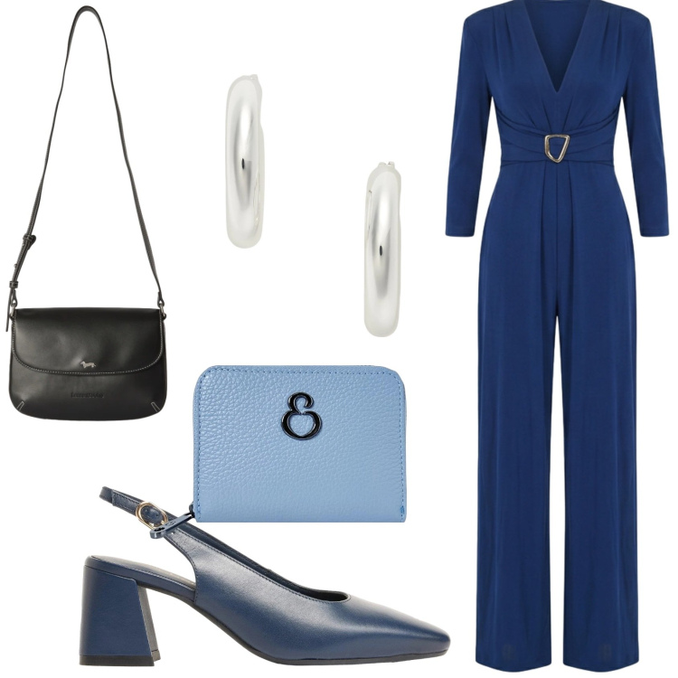Outfit donna - Invitata in blu. Stile Glamour per Serata fuori. Abbinamento con décolleté, borse a tracolla, tute, portafogli, orecchini.