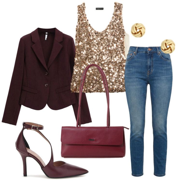 Outfit donna - Total look #2468128. Stile Chic per Serata fuori. Abbinamento con jeans, blazer, borse a spalla, top, orecchini, décolleté.