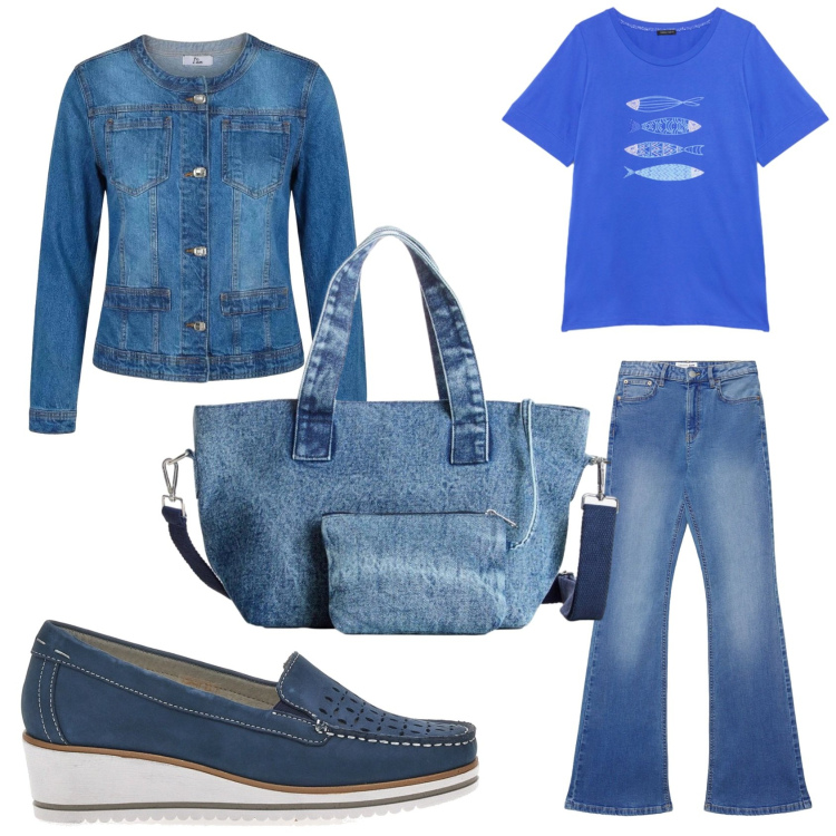 Outfit donna - Trendy in jeans. Stile Basic per Tutti i giorni. Abbinamento con borse a mano, jeans a zampa, blazer, t-shirt, mocassini.