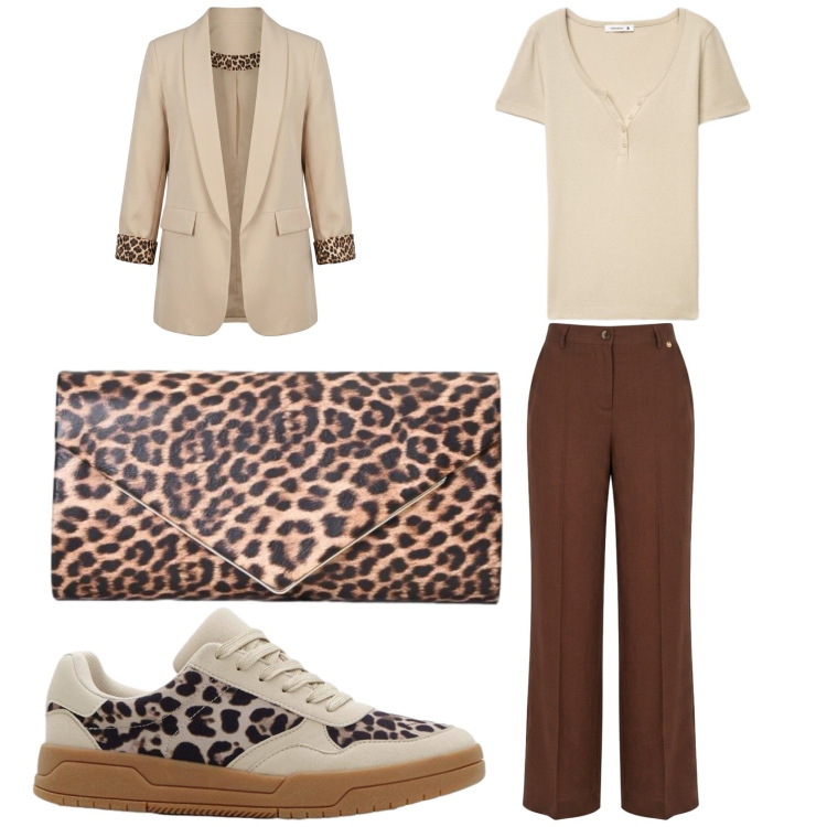 Outfit donna - Dettagli animalier. Stile Casual chic per Tutti i giorni. Abbinamento con sneakers, t-shirt, pantaloni, pochette, blazer.