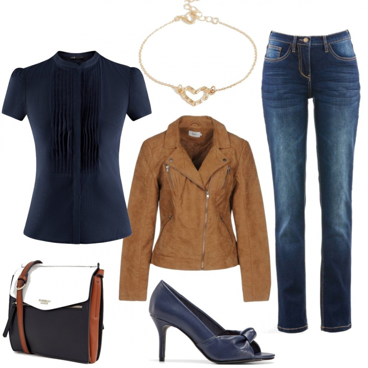 Outfit donna - Nel blu dipinto di blu. Stile Trendy Abbinamento con jeans dritti, décolleté open toe, giubbotto a maniche lunghe con zip interno foderato in pelle sintetica tinta unita, camicetta effetto testurizzato aderente blu, borsa a tracolla con zip, bracciale con ciondolo oro.