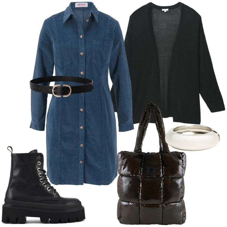 Outfit donna - Il vestito chemisier autunnale. Stile Glamour per Scuola/Università. Abbinamento con vestiti, cardigans, cinture, shopping bag, braccialetti, anfibi.