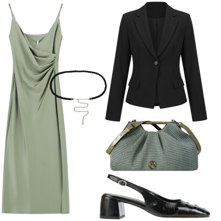 Outfit donna - Aperitivo di Settembre. Stile Casual per Serata fuori. Abbinamento con décolleté, vestiti midi/longuette, cinture, clutch, blazer.