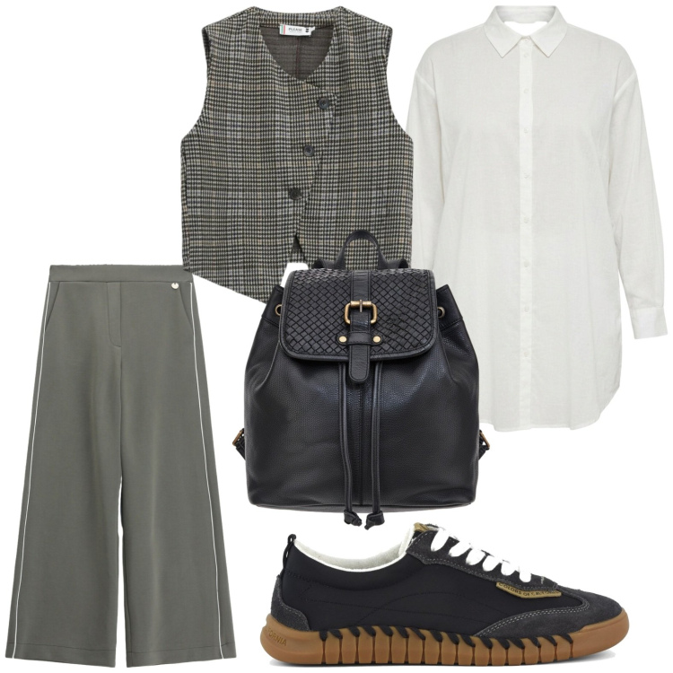 Outfit donna - Chic Urban Layering. Stile Glamour per Scuola/Università. Abbinamento con pantaloni a palazzo, gilet, camicie, sneakers, zaini.