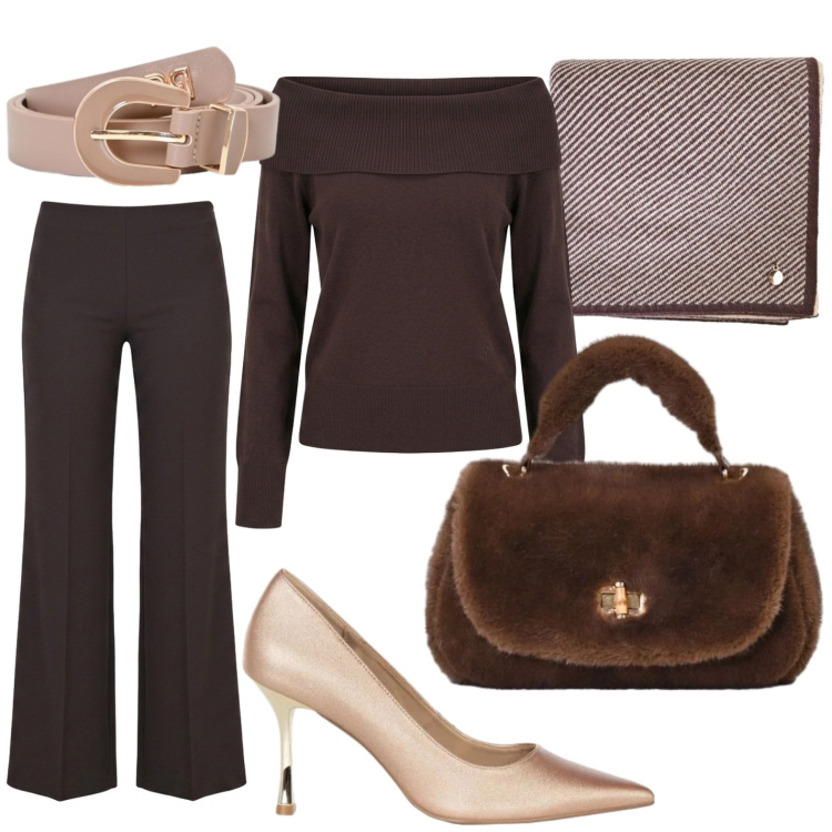 Outfit donna - Rinascimento - Dietro la trama FW26. Stile Chic per Tutti i giorni. Abbinamento con maglieria, cinture, borse a mano, sciarpe, décolleté, pantaloni.